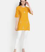 Women's Mustard Rayon Slub Embroidered Straight Tunic Short Kurti