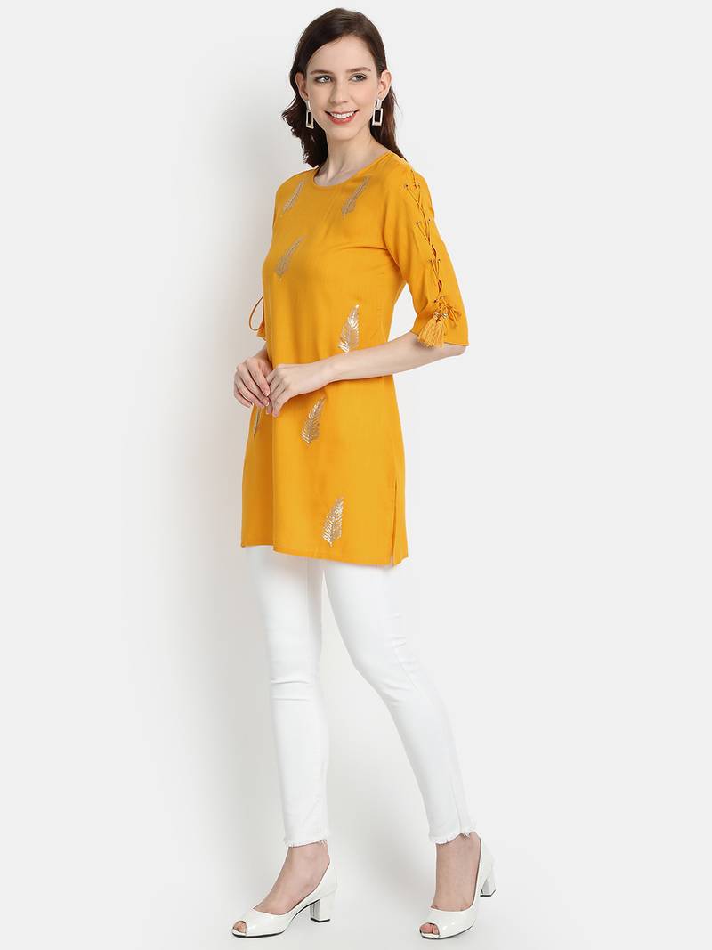Women's Mustard Rayon Slub Embroidered Straight Tunic Short Kurti