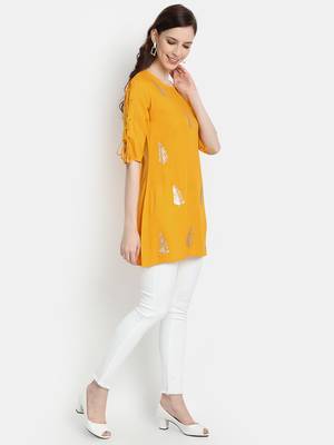 Women's Mustard Rayon Slub Embroidered Straight Tunic Short Kurti 3
