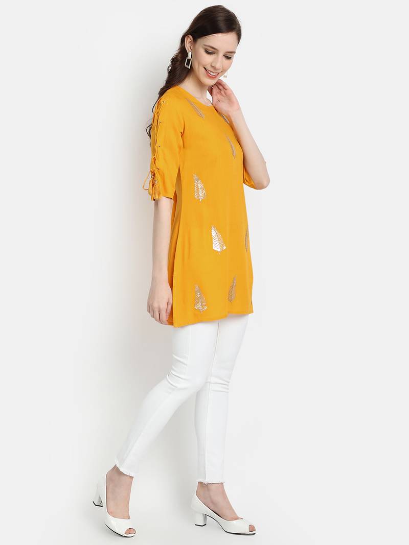 Women's Mustard Rayon Slub Embroidered Straight Tunic Short Kurti
