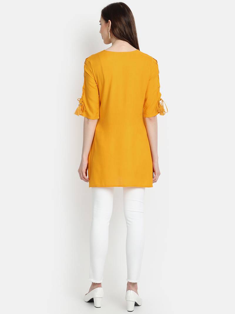 Women's Mustard Rayon Slub Embroidered Straight Tunic Short Kurti
