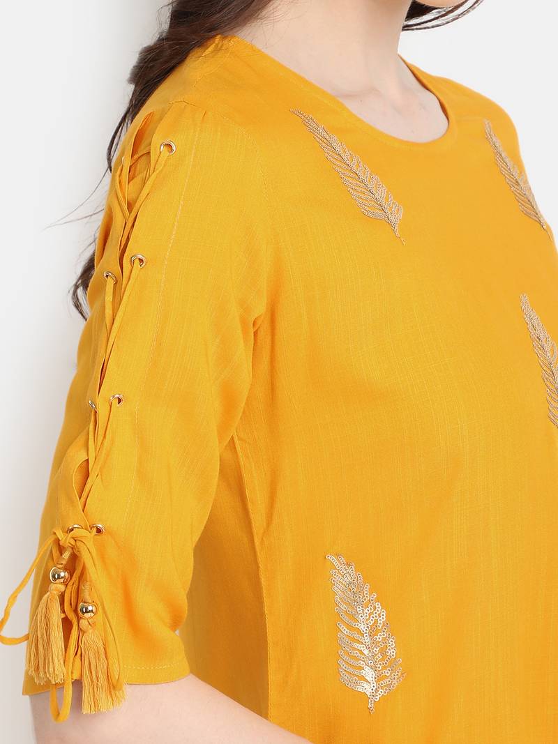 Women's Mustard Rayon Slub Embroidered Straight Tunic Short Kurti