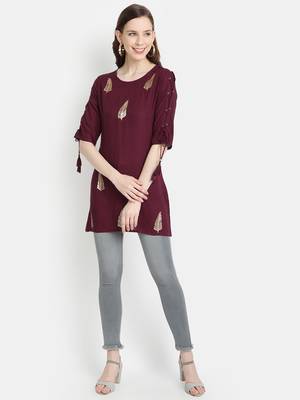 Women's Wine Rayon Slub Embroidered Straight Tunic Short Kurti 1