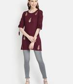 Women's Wine Rayon Slub Embroidered Straight Tunic Short Kurti
