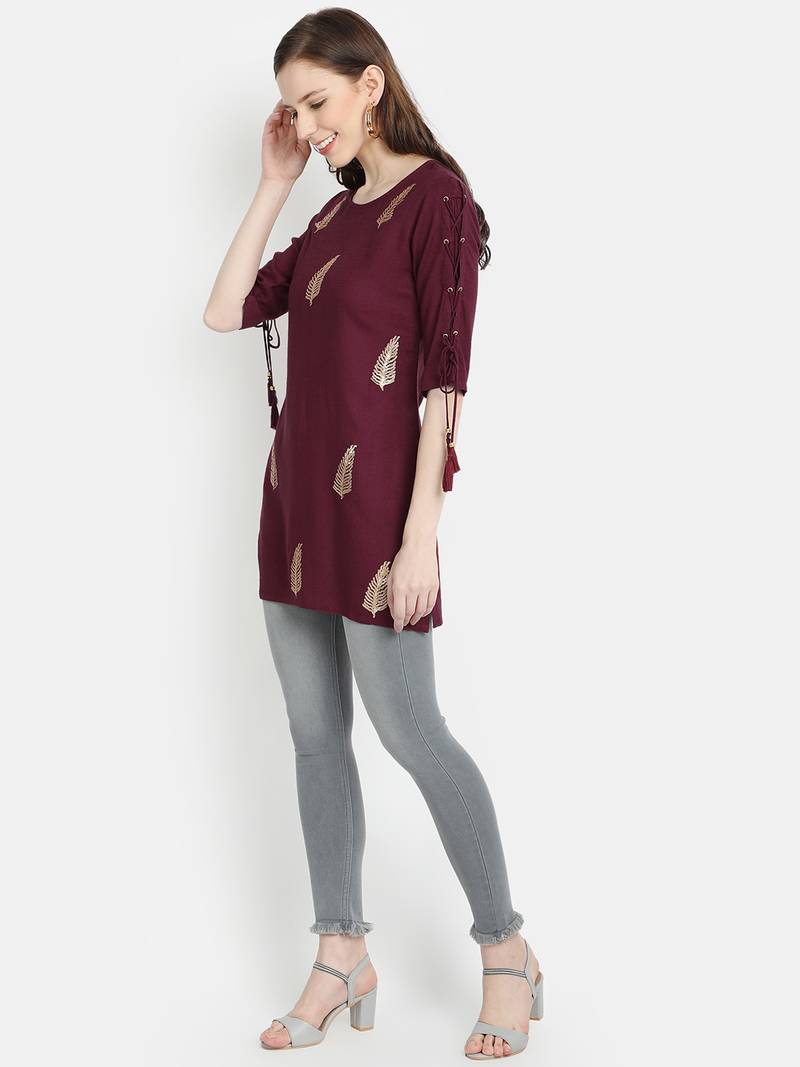 Women's Wine Rayon Slub Embroidered Straight Tunic Short Kurti