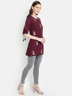 Women's Wine Rayon Slub Embroidered Straight Tunic Short Kurti 3