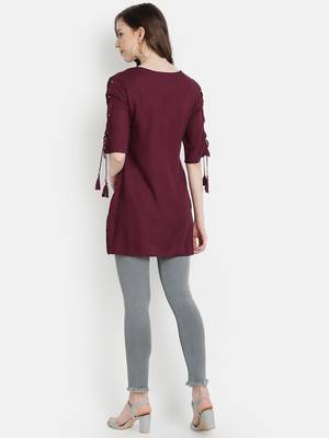 Women's Wine Rayon Slub Embroidered Straight Tunic Short Kurti 4