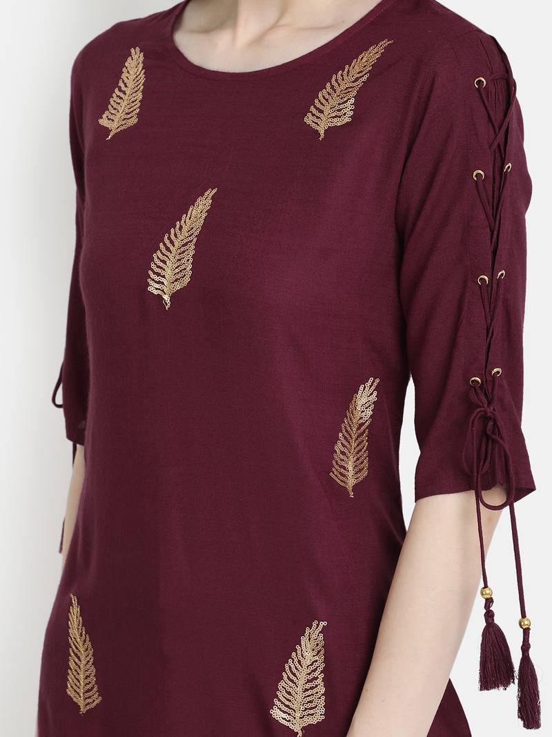Women's Wine Rayon Slub Embroidered Straight Tunic Short Kurti