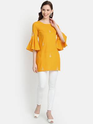 Women's Mustard Rayon Slub Embroidered Straight Tunic Short Kurti 1