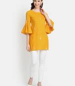 Women's Mustard Rayon Slub Embroidered Straight Tunic Short Kurti