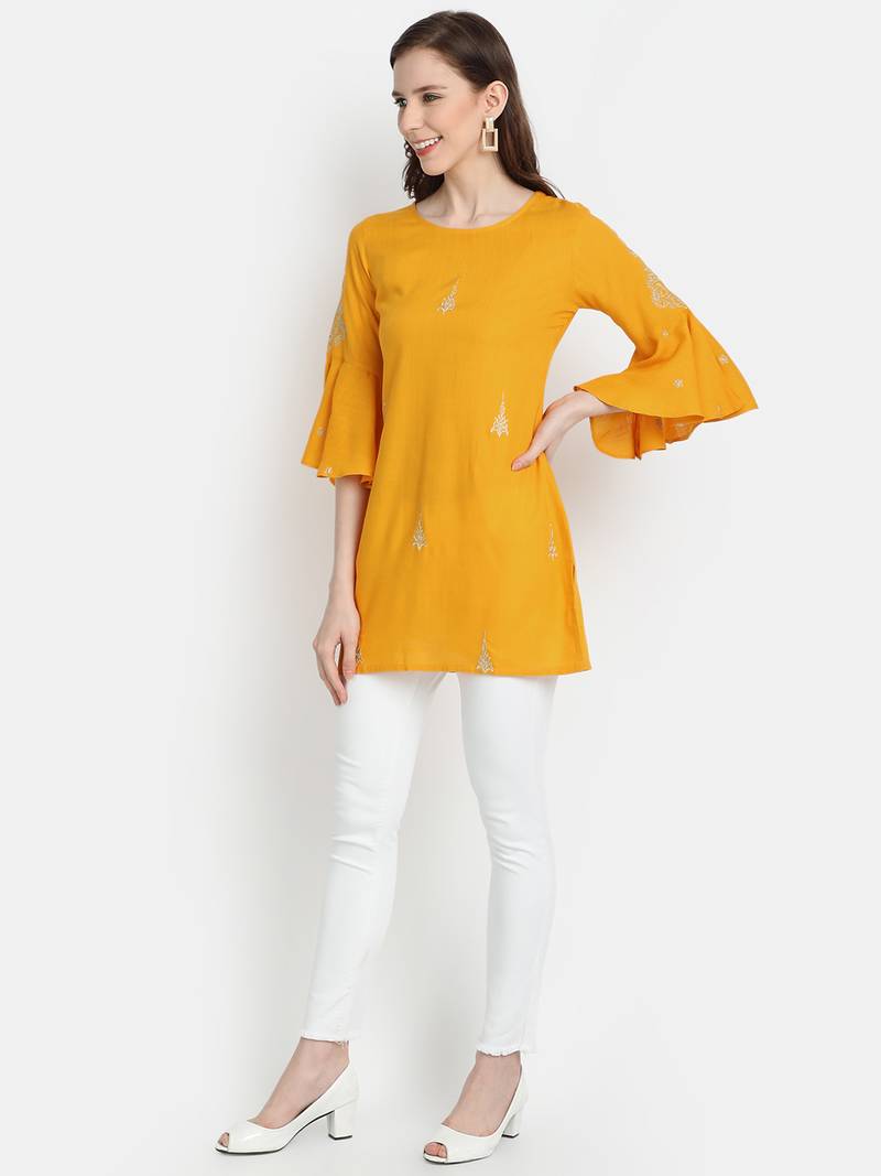 Women's Mustard Rayon Slub Embroidered Straight Tunic Short Kurti