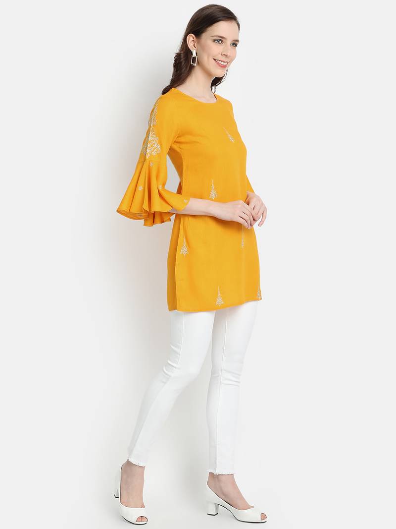 Women's Mustard Rayon Slub Embroidered Straight Tunic Short Kurti