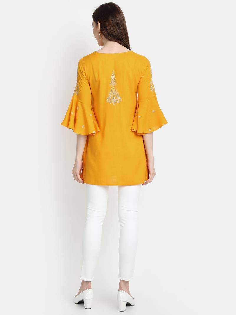 Women's Mustard Rayon Slub Embroidered Straight Tunic Short Kurti
