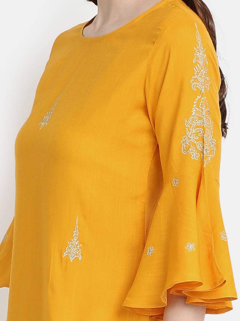 Women's Mustard Rayon Slub Embroidered Straight Tunic Short Kurti