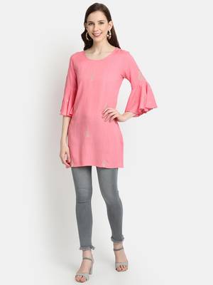 Women's Peach Rayon Slub Embroidered Straight Tunic Short Kurti 1