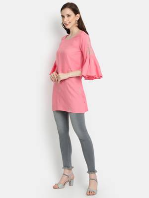 Women's Peach Rayon Slub Embroidered Straight Tunic Short Kurti 2