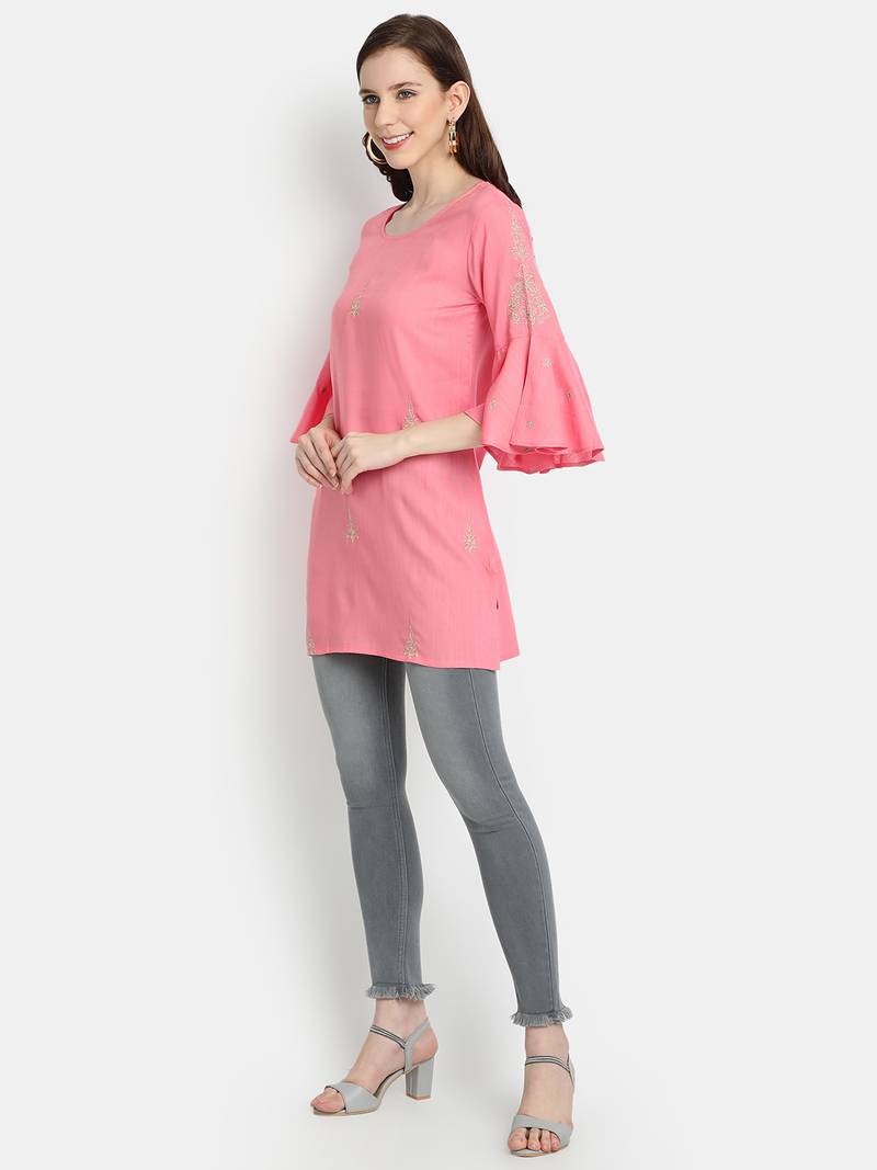 Women's Peach Rayon Slub Embroidered Straight Tunic Short Kurti