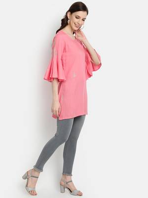 Women's Peach Rayon Slub Embroidered Straight Tunic Short Kurti 3