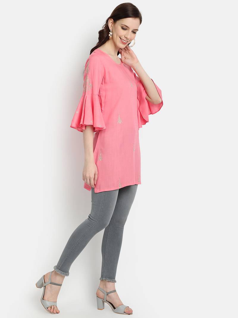 Women's Peach Rayon Slub Embroidered Straight Tunic Short Kurti