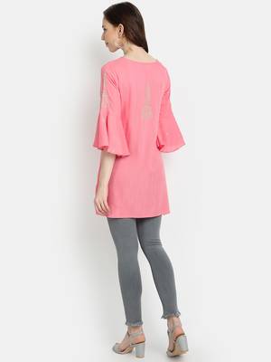 Women's Peach Rayon Slub Embroidered Straight Tunic Short Kurti 4