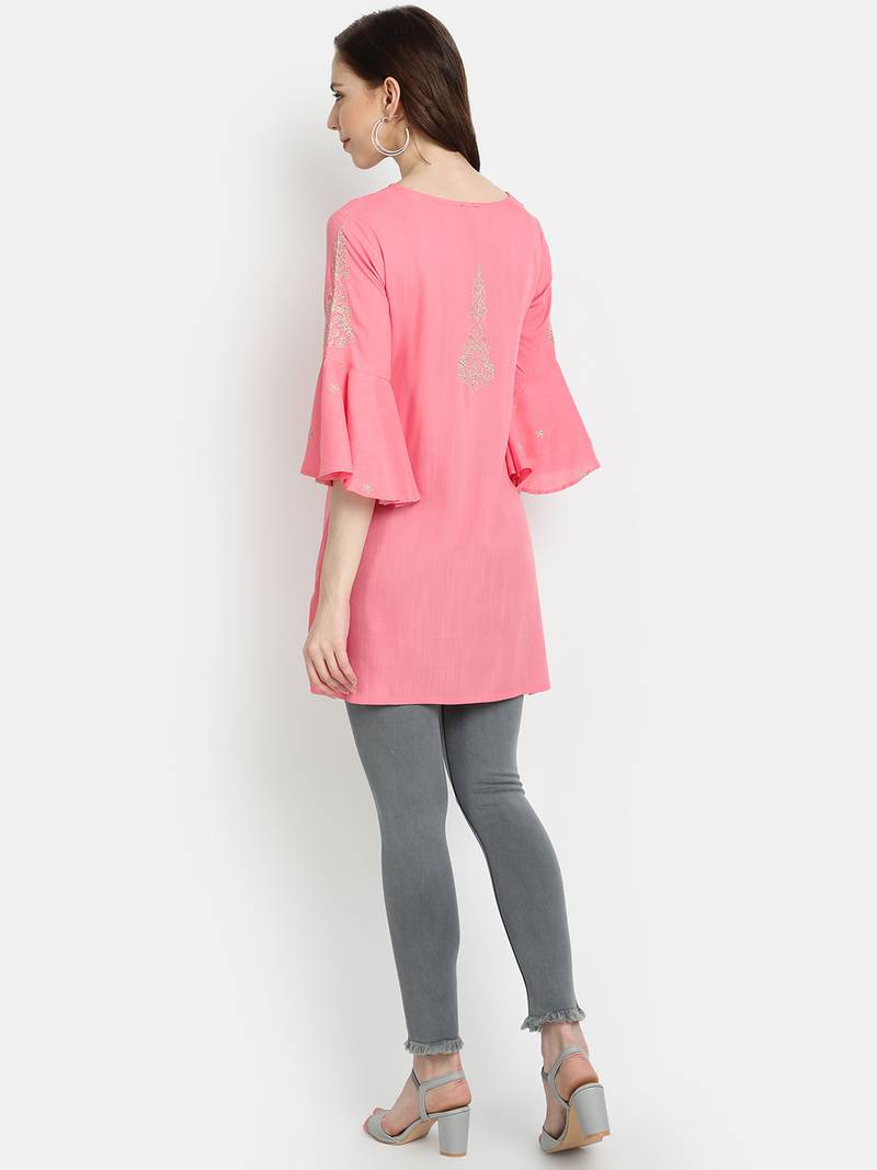 Women's Peach Rayon Slub Embroidered Straight Tunic Short Kurti