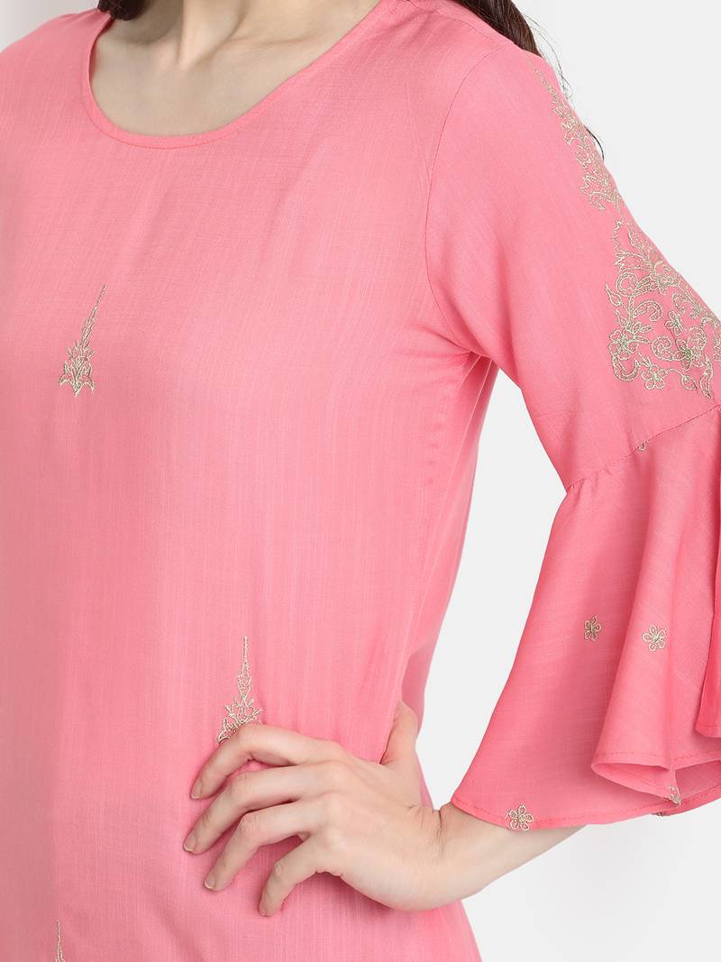 Women's Peach Rayon Slub Embroidered Straight Tunic Short Kurti