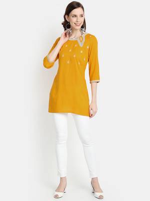Women's Mustard Rayon Slub Embroidered Straight Tunic Short Kurti 1