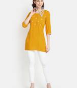 Women's Mustard Rayon Slub Embroidered Straight Tunic Short Kurti
