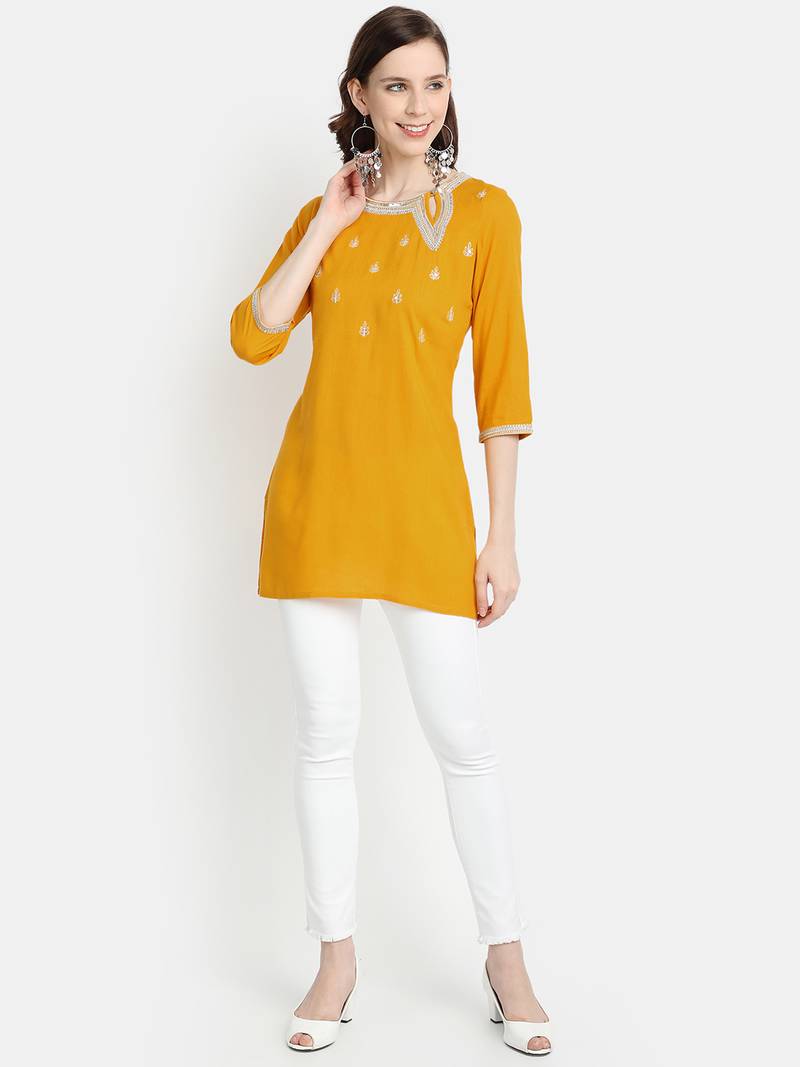 Women's Mustard Rayon Slub Embroidered Straight Tunic Short Kurti
