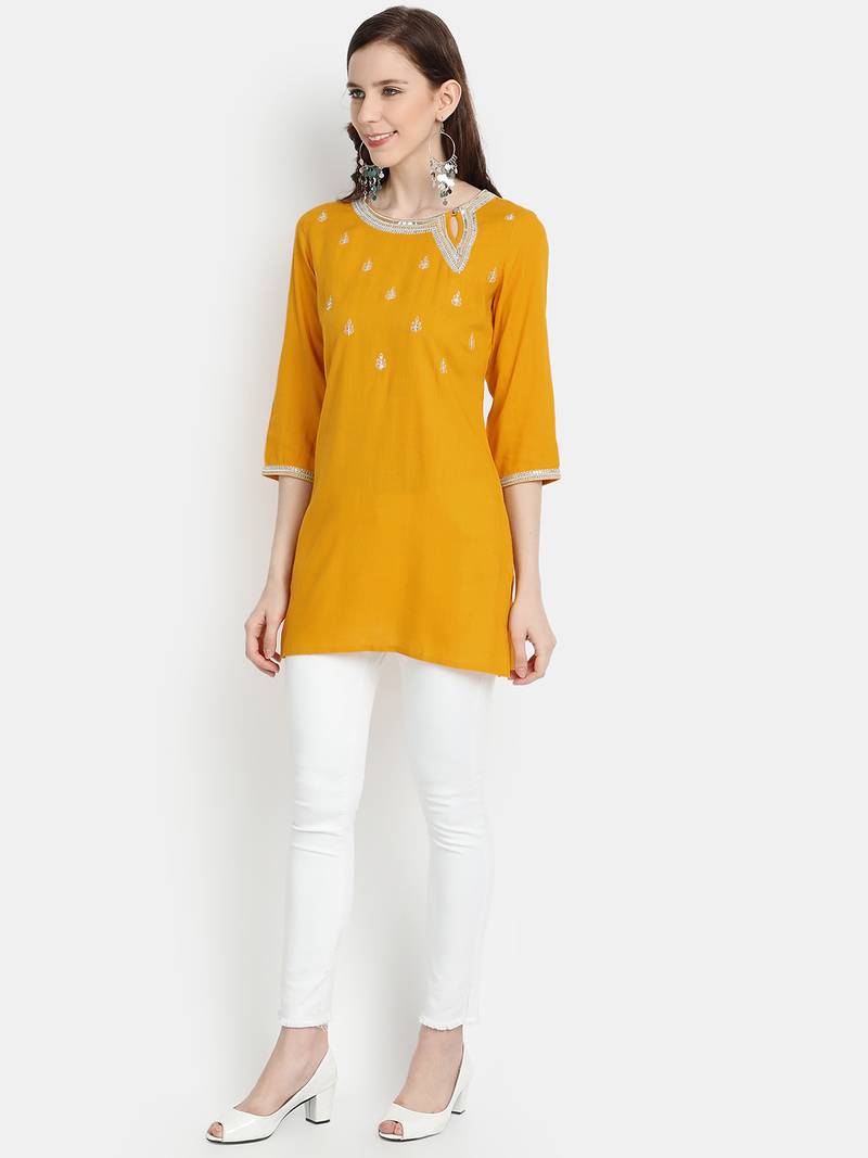 Women's Mustard Rayon Slub Embroidered Straight Tunic Short Kurti