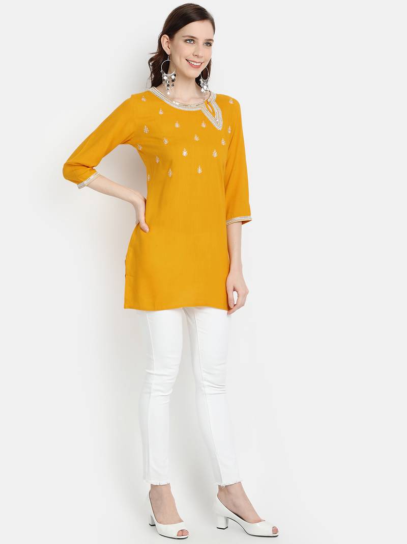 Women's Mustard Rayon Slub Embroidered Straight Tunic Short Kurti