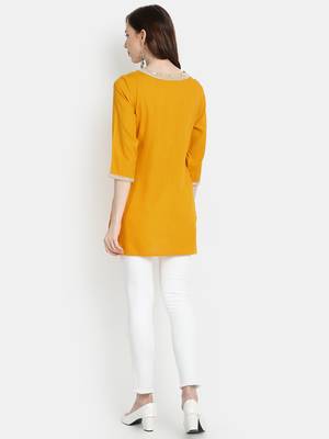 Women's Mustard Rayon Slub Embroidered Straight Tunic Short Kurti 4