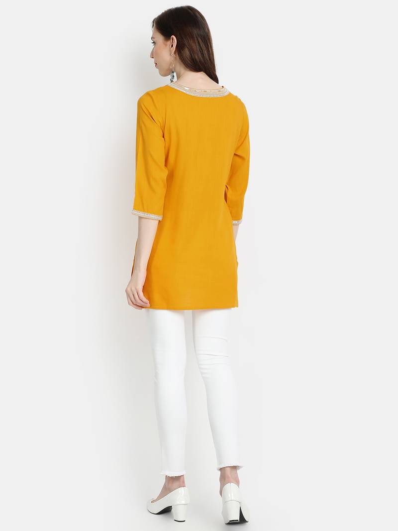 Women's Mustard Rayon Slub Embroidered Straight Tunic Short Kurti