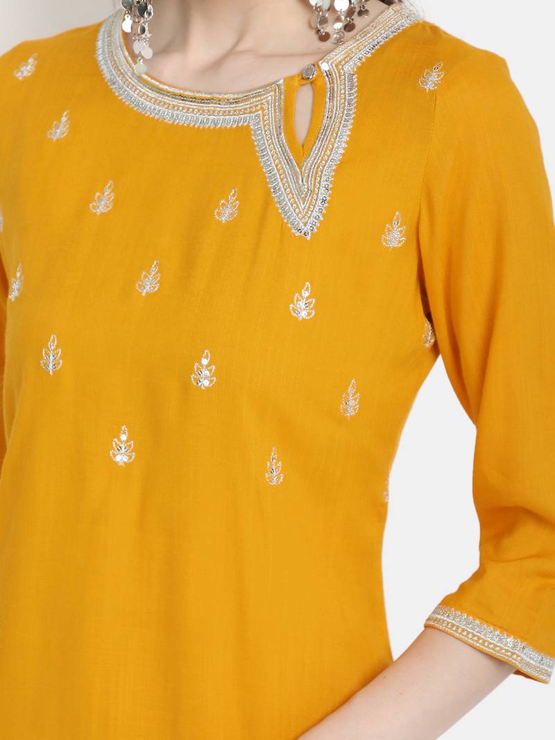 Women's Mustard Rayon Slub Embroidered Straight Tunic Short Kurti