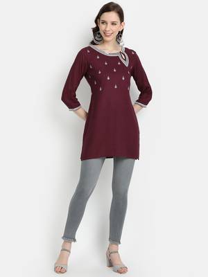 Women's Purple Rayon Slub Embroidered Straight Tunic Short Kurti 1
