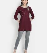 Women's Purple Rayon Slub Embroidered Straight Tunic Short Kurti