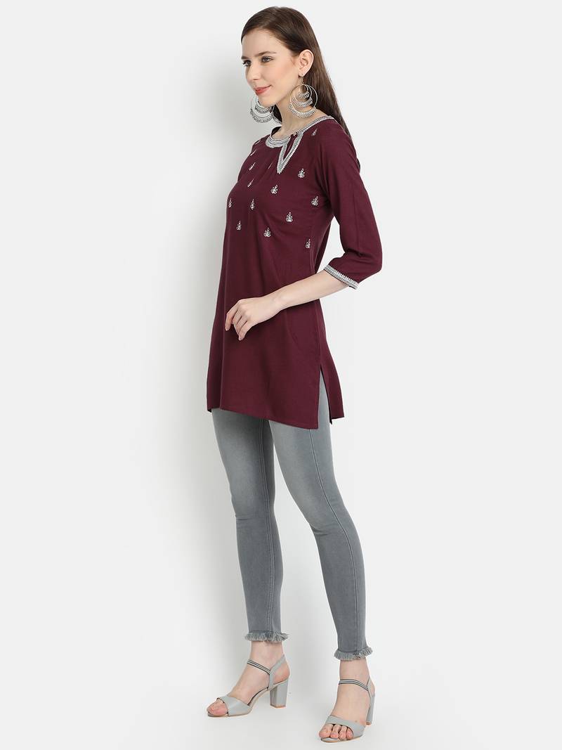 Women's Purple Rayon Slub Embroidered Straight Tunic Short Kurti
