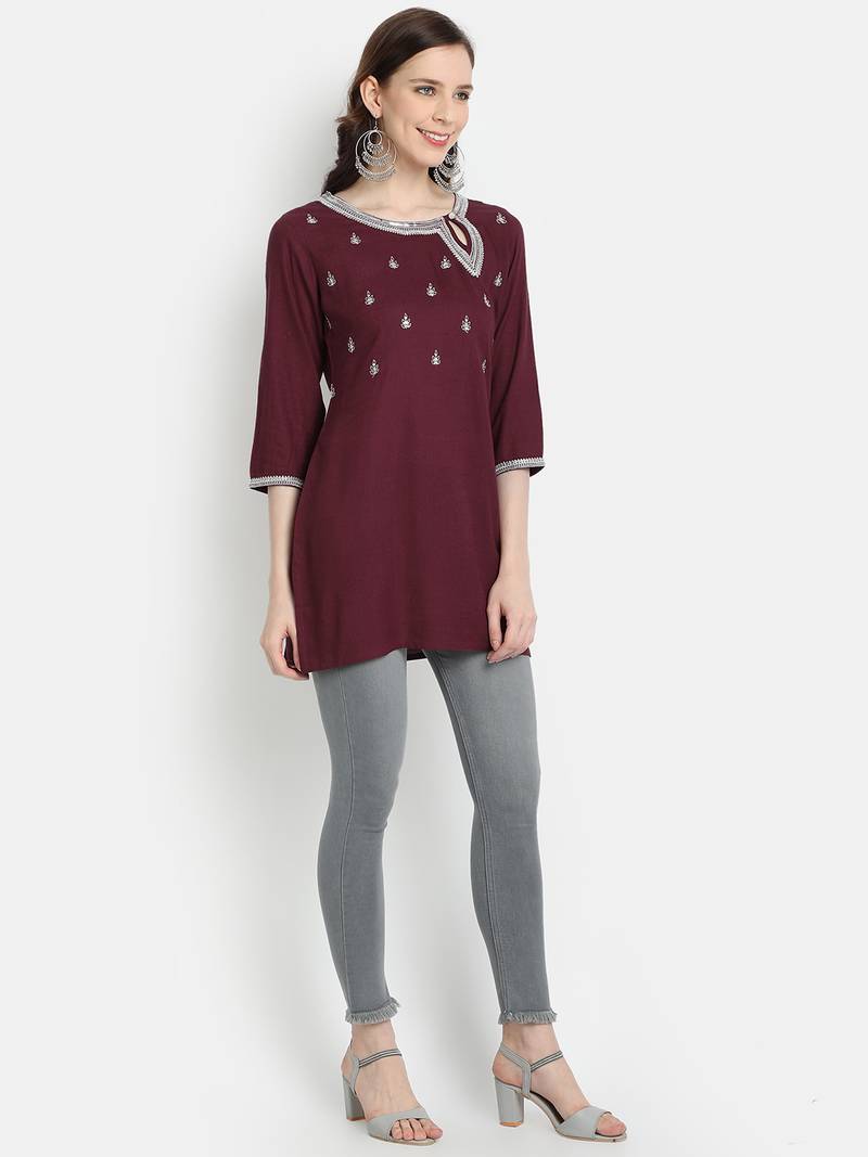 Women's Purple Rayon Slub Embroidered Straight Tunic Short Kurti