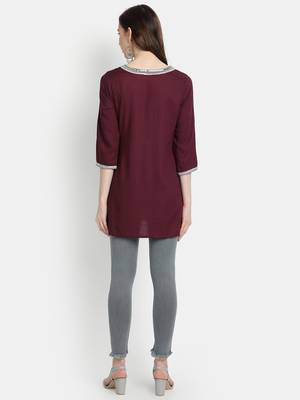 Women's Purple Rayon Slub Embroidered Straight Tunic Short Kurti 4