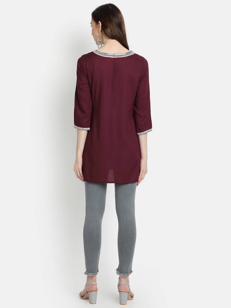 Women's Purple Rayon Slub Embroidered Straight Tunic Short Kurti