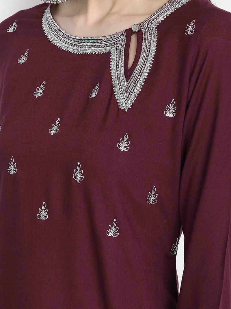 Women's Purple Rayon Slub Embroidered Straight Tunic Short Kurti