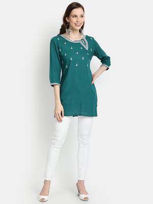 Women's Green Rayon Slub Embroidered Straight Tunic Short Kurti 1