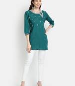 Women's Green Rayon Slub Embroidered Straight Tunic Short Kurti