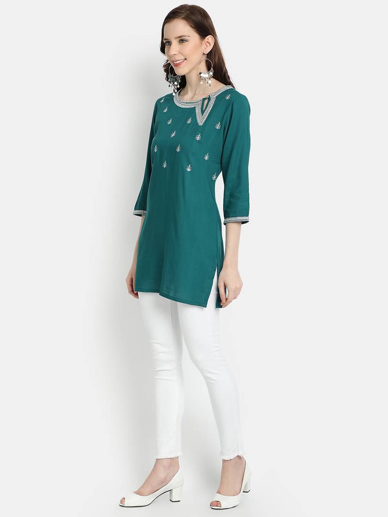 Women's Green Rayon Slub Embroidered Straight Tunic Short Kurti