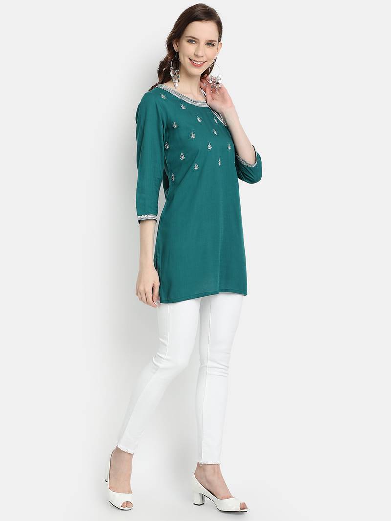 Women's Green Rayon Slub Embroidered Straight Tunic Short Kurti