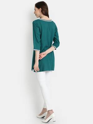 Women's Green Rayon Slub Embroidered Straight Tunic Short Kurti 4