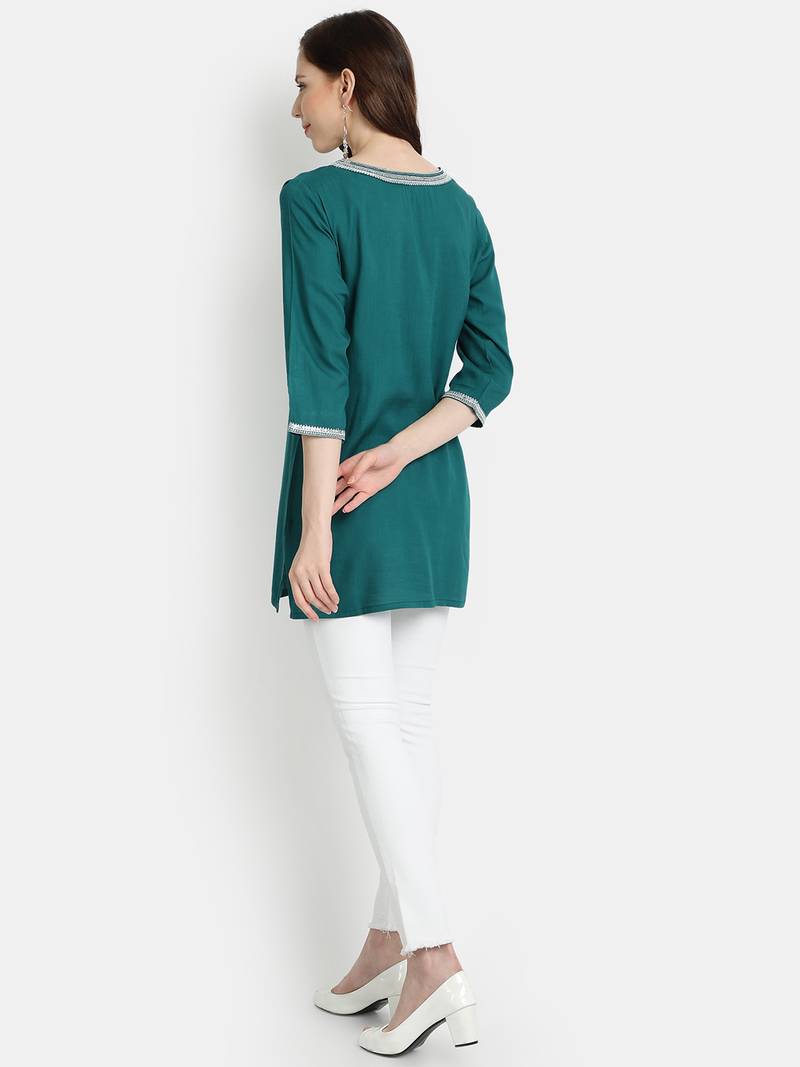 Women's Green Rayon Slub Embroidered Straight Tunic Short Kurti