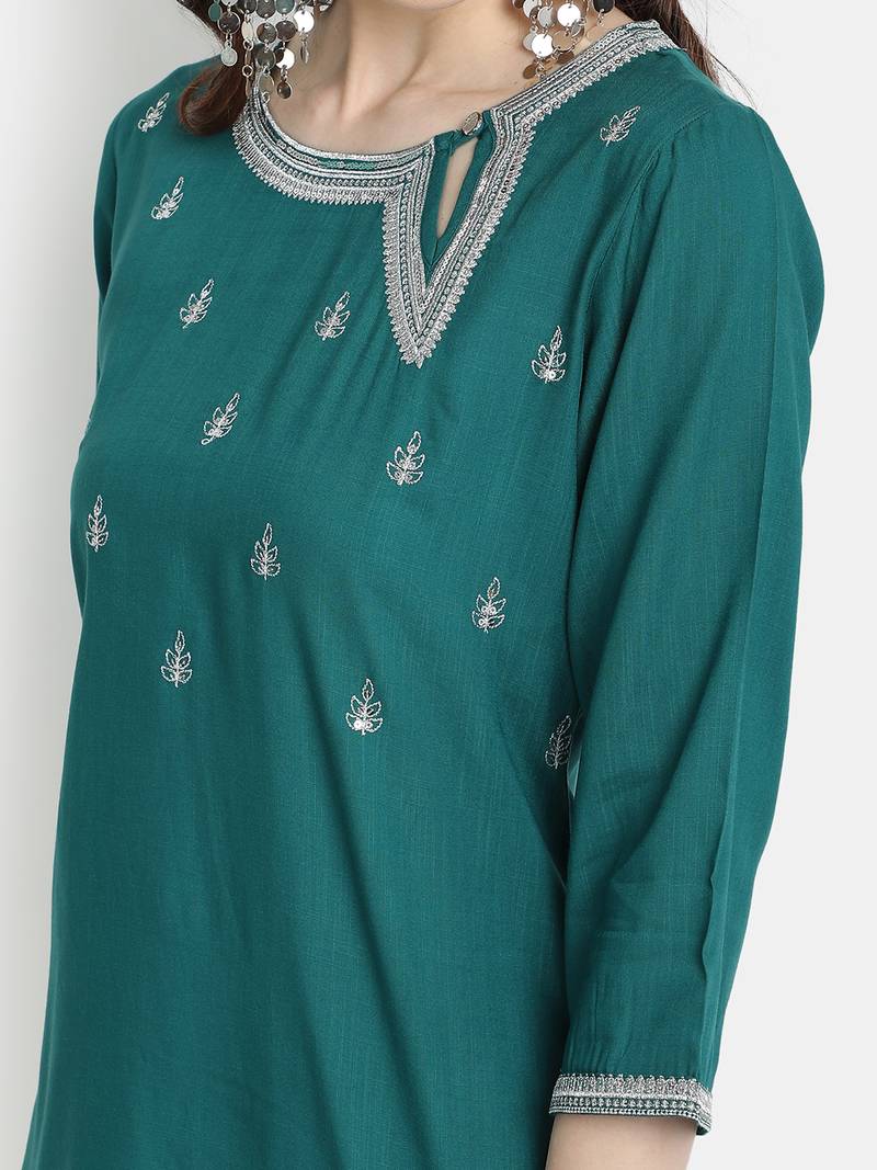 Women's Green Rayon Slub Embroidered Straight Tunic Short Kurti
