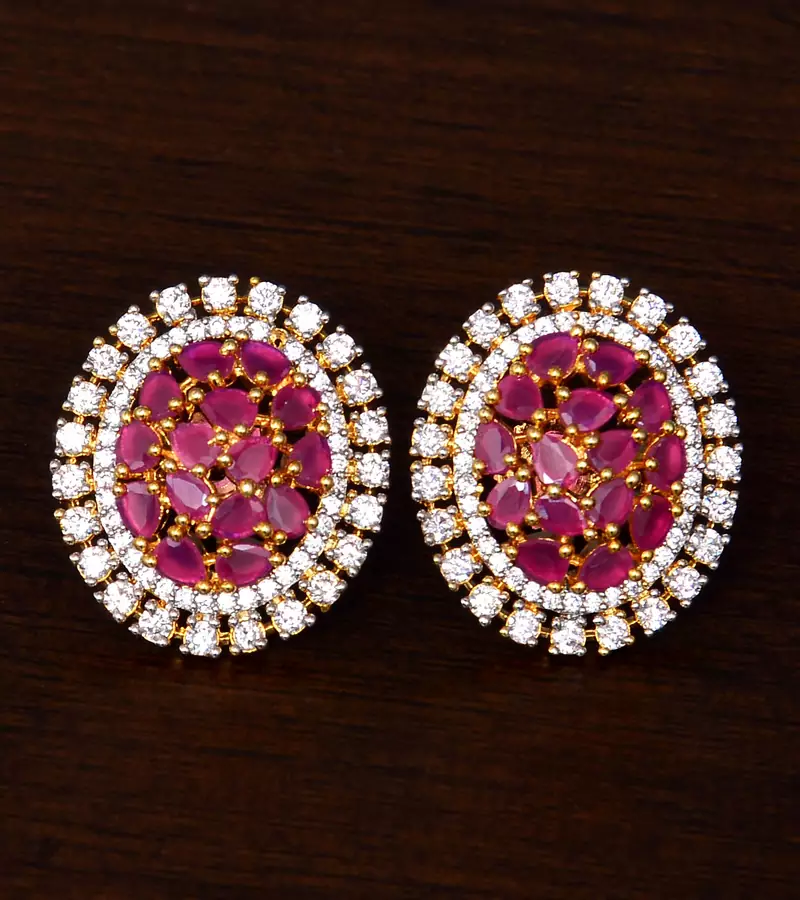Gold Plated Ruby Stone Embellished American Diamond Earrings 216ED330