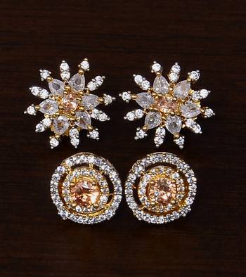 Champagne and American Diamond Embellished Two Pairs of Designer Studs 216ED333 1